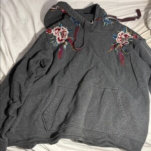 Charcoal Gray Embroidered Floral Hoodie Sweater